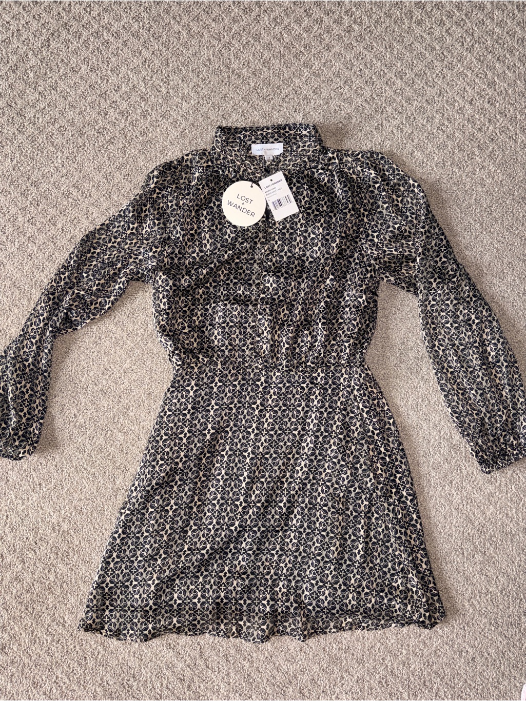 Nwt Lost + Wander Black And White Printed Long-Sleeve Mini Dress — image 4 of 8